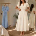 Midi Dress Women Puff Sleeve V Neck Flared Skirt Ruched Waist