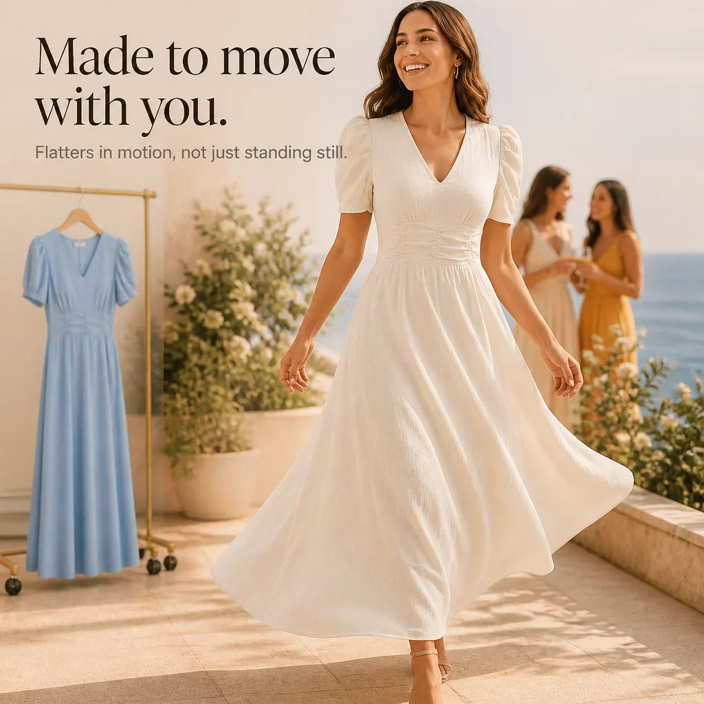 Midi Dress Women Puff Sleeve V Neck Flared Skirt Ruched Waist