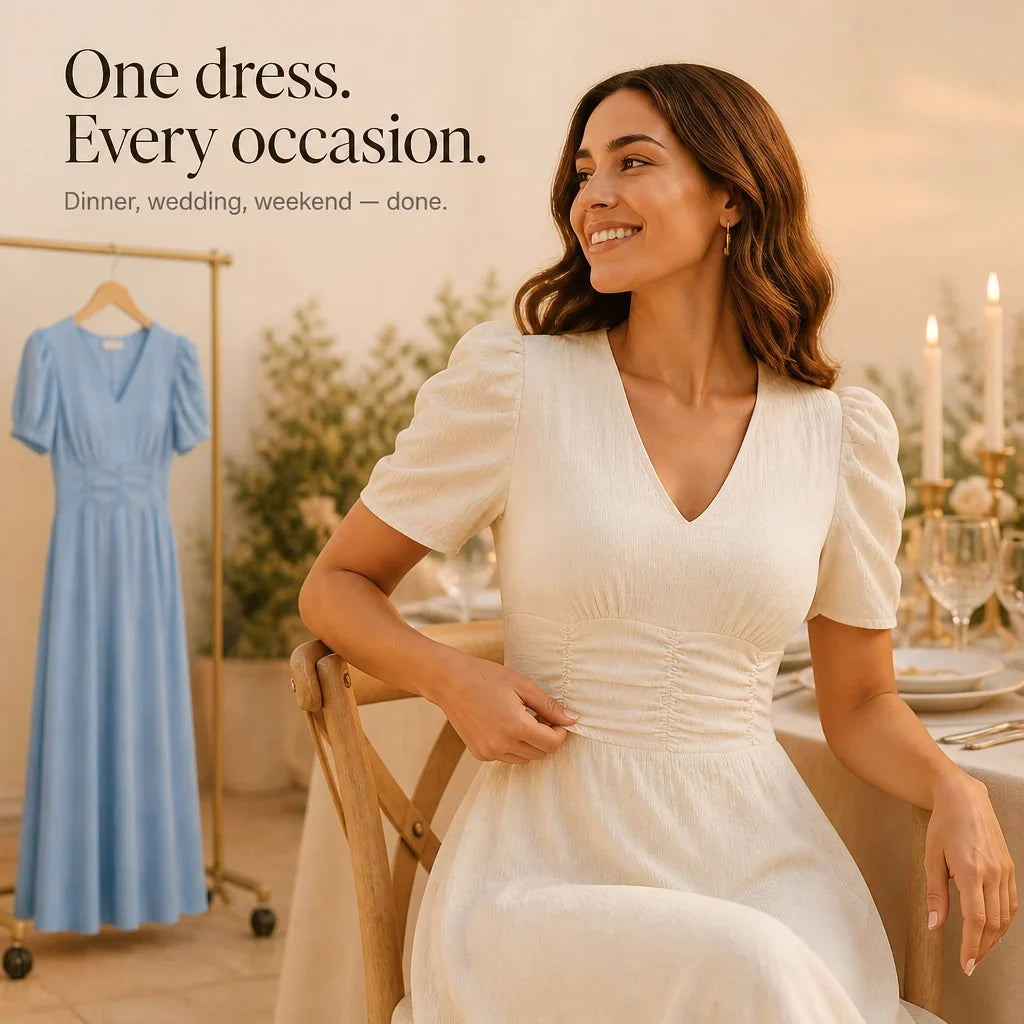 Midi Dress Women Puff Sleeve V Neck Flared Skirt Ruched Waist