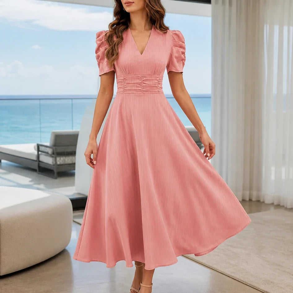 Midi Dress Women Puff Sleeve V Neck Flared Skirt Ruched Waist