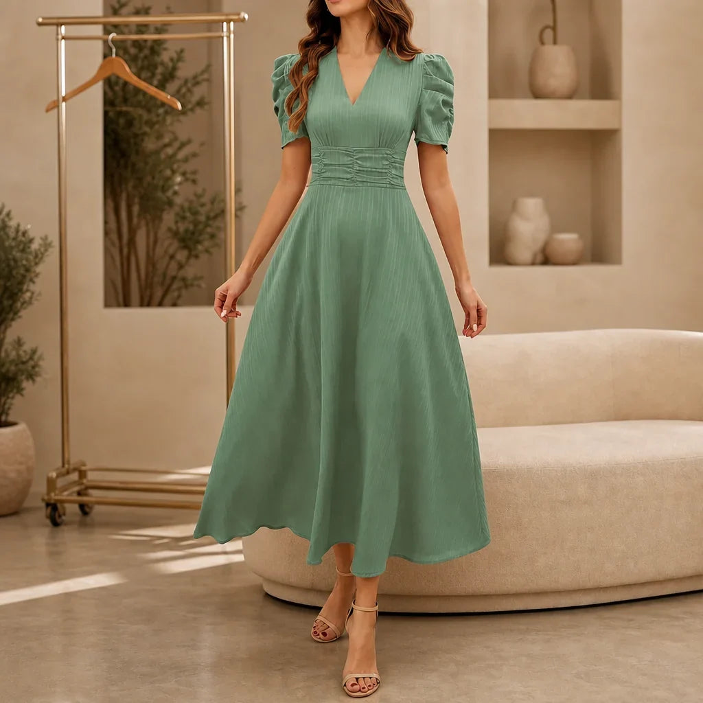 Midi Dress Women Puff Sleeve V Neck Flared Skirt Ruched Waist
