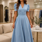Midi Dress Women Puff Sleeve V Neck Flared Skirt Ruched Waist