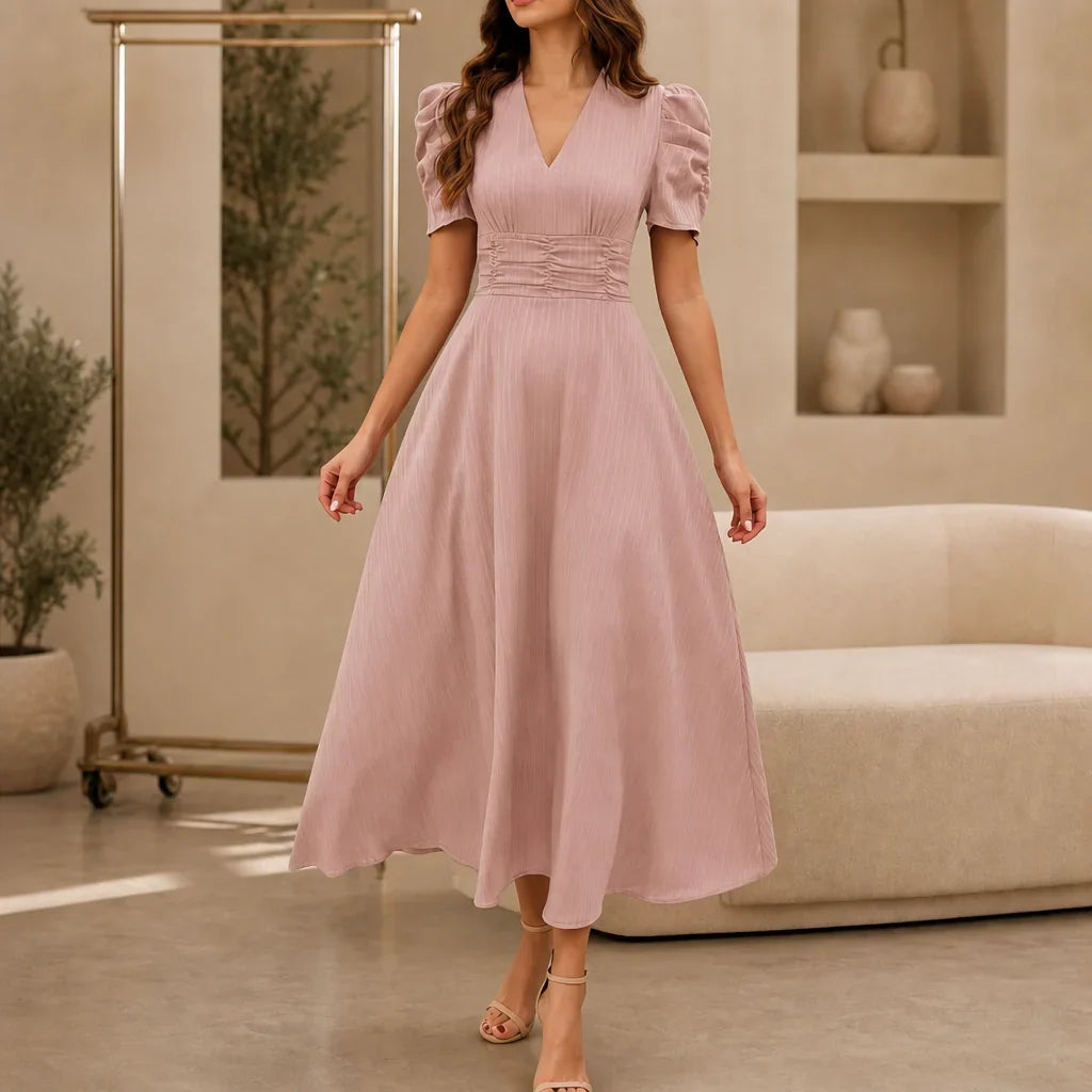Midi Dress Women Puff Sleeve V Neck Flared Skirt Ruched Waist