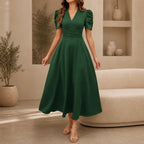 Midi Dress Women Puff Sleeve V Neck Flared Skirt Ruched Waist