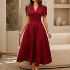 Midi Dress Women Puff Sleeve V Neck Flared Skirt Ruched Waist