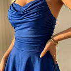 Mini Dress Women Ruched Cowl Neck Spaghetti Strap A Line Party