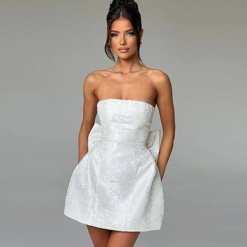 Mini Dress Women Strapless Fitted Bodice Sculpted Bow Back Bell Skirt