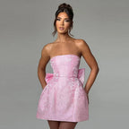 Mini Dress Women Strapless Fitted Bodice Sculpted Bow Back Bell Skirt