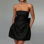 Mini Dress Women Strapless Fitted Bodice Sculpted Bow Back Bell Skirt