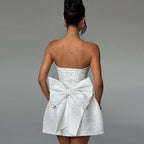 Mini Dress Women Strapless Fitted Bodice Sculpted Bow Back Bell Skirt
