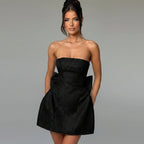 Mini Dress Women Strapless Fitted Bodice Sculpted Bow Back Bell Skirt