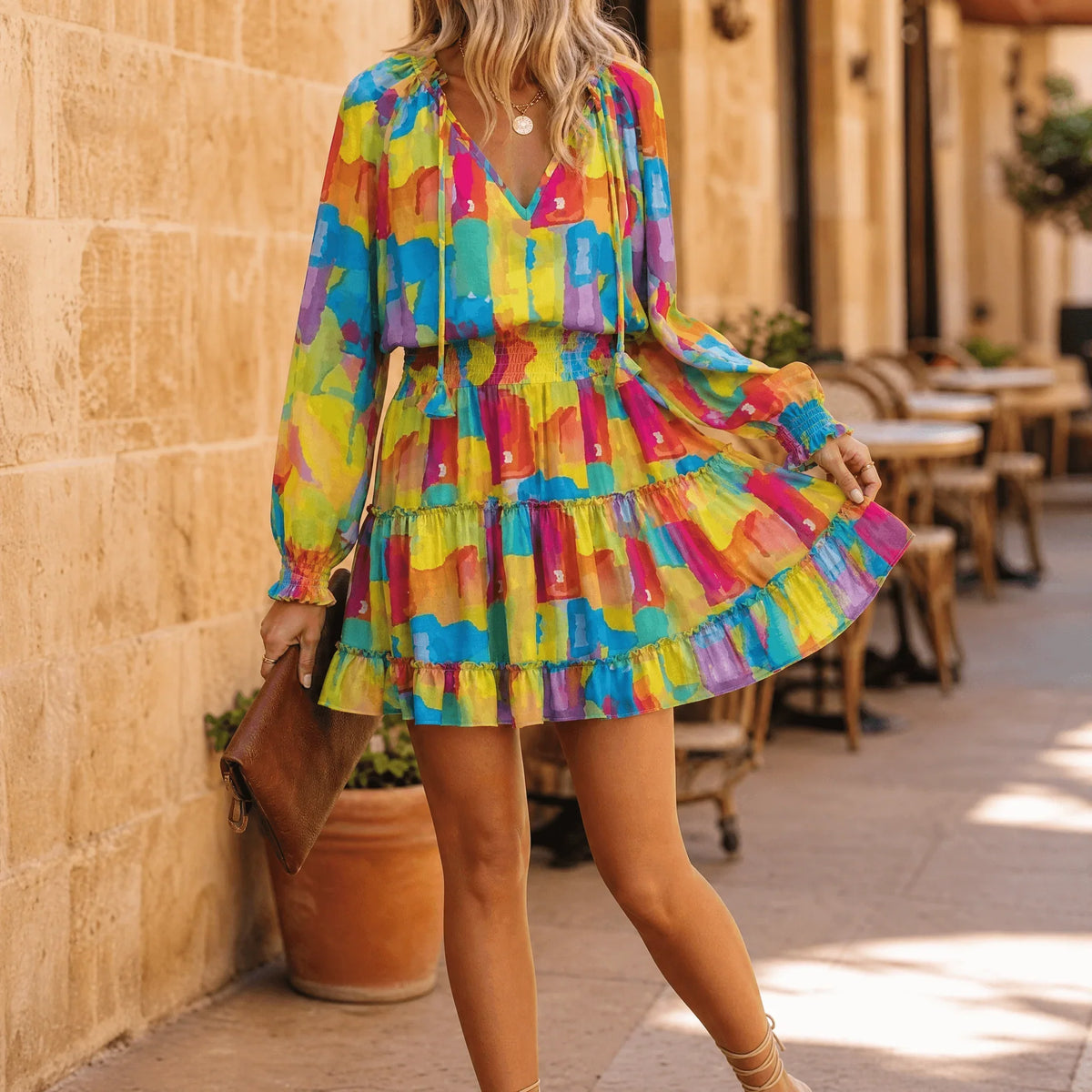 Mini Dress Women V Neck Ruffle Lantern Sleeve Smocked Tiered Hem