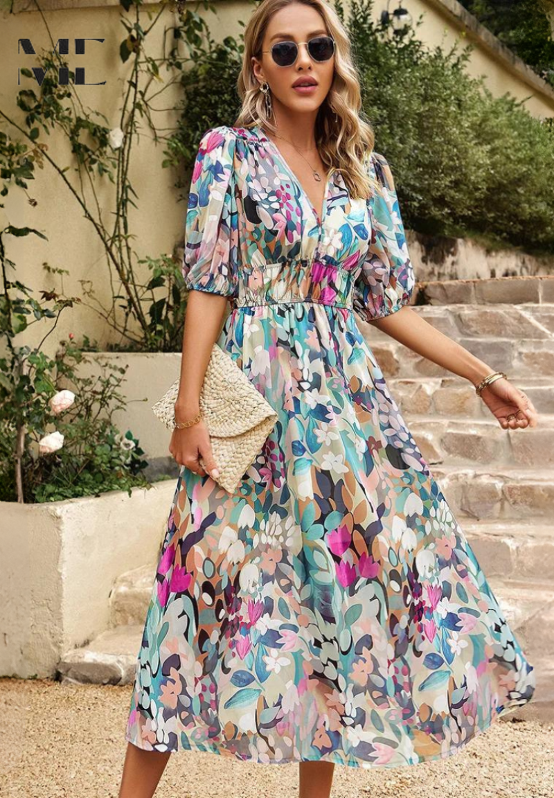 Women Floral Midi Dress V Neck