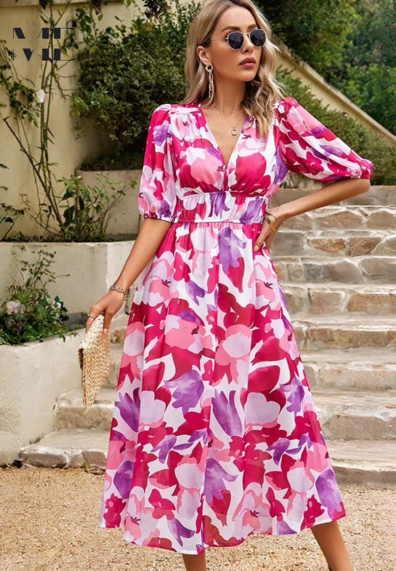 Women Floral Midi Dress V Neck