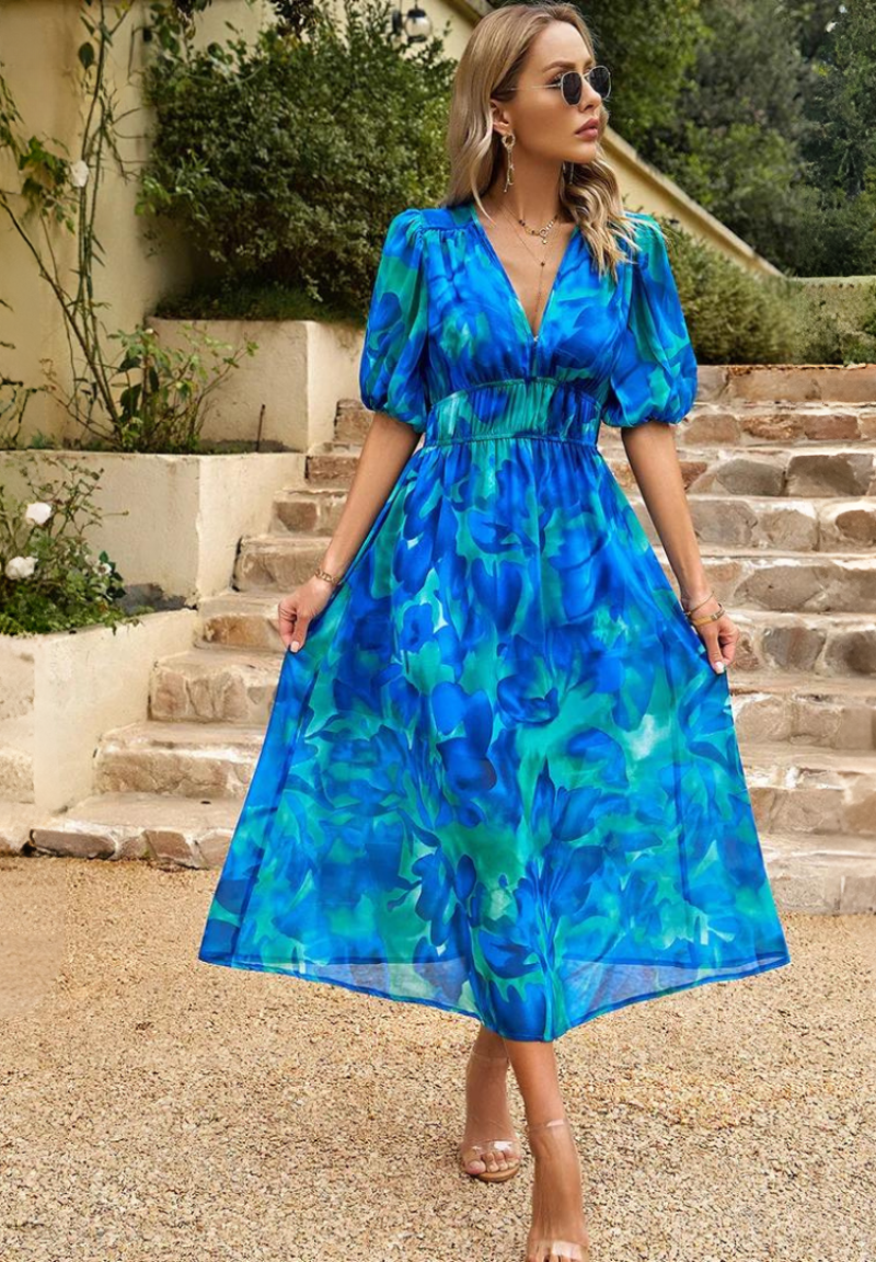 Women Floral Midi Dress V Neck