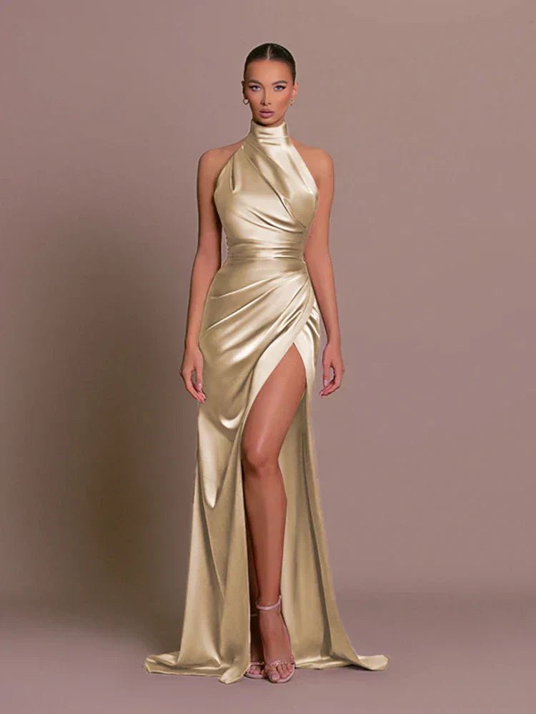 Halterneck Maxi Dress Women Satin High Leg Split | Tessa