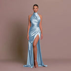 Halterneck Maxi Dress Women Satin High Leg Split | Tessa