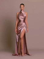 Halterneck Maxi Dress Women Satin High Leg Split | Tessa