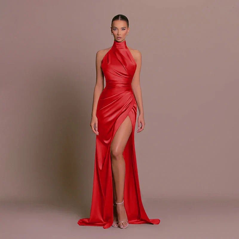 Halterneck Maxi Dress Women Satin High Leg Split | Tessa