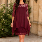 Midi Dress Women Lace Sheer Overlay Three Quarter Sleeve Layered