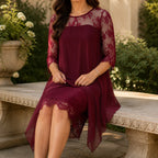 Midi Dress Women Lace Sheer Overlay Three Quarter Sleeve Layered