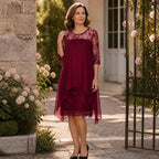 Midi Dress Women Lace Sheer Overlay Three Quarter Sleeve Layered