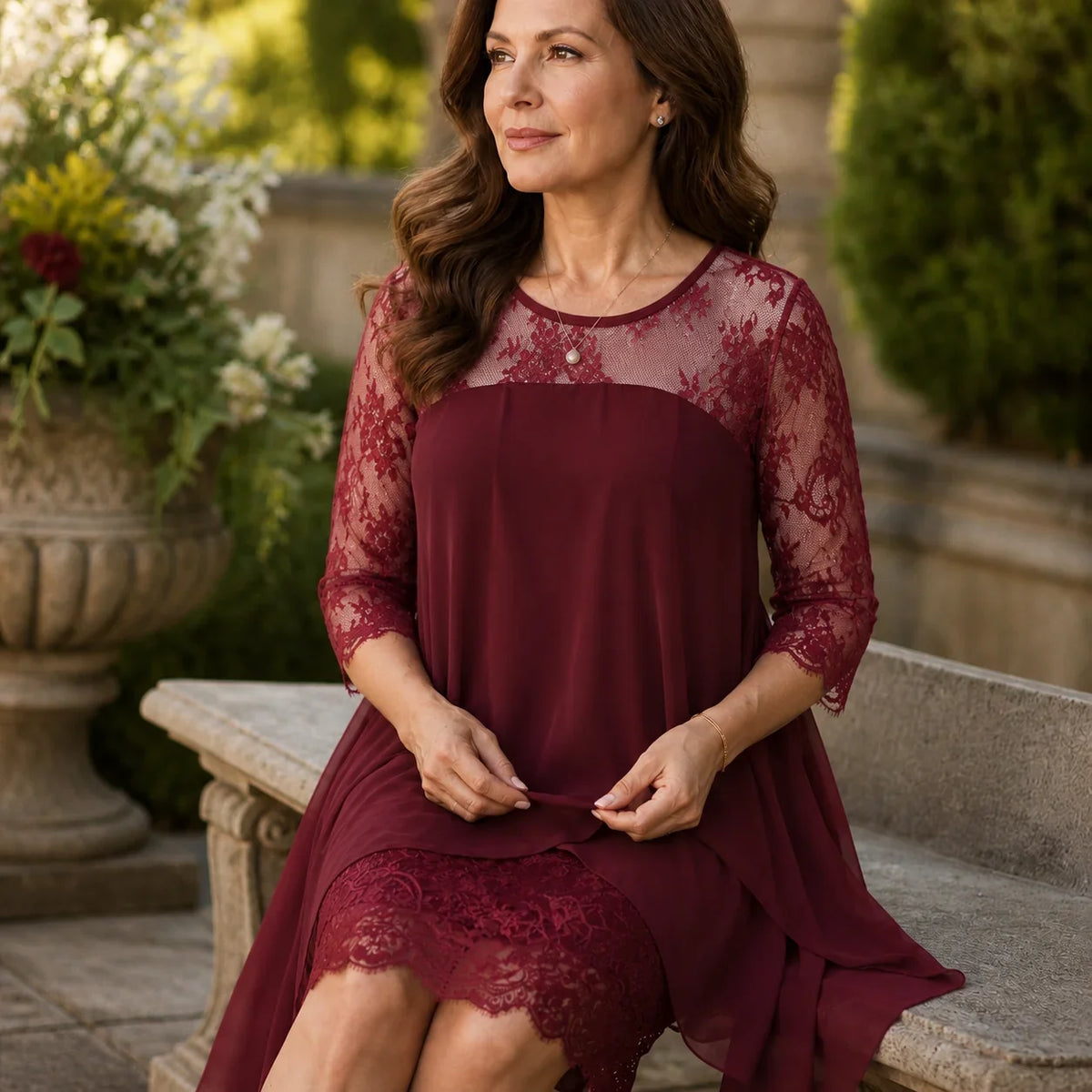 Midi Dress Women Lace Sheer Overlay Three Quarter Sleeve Layered