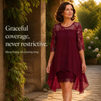 Midi Dress Women Lace Sheer Overlay Three Quarter Sleeve Layered