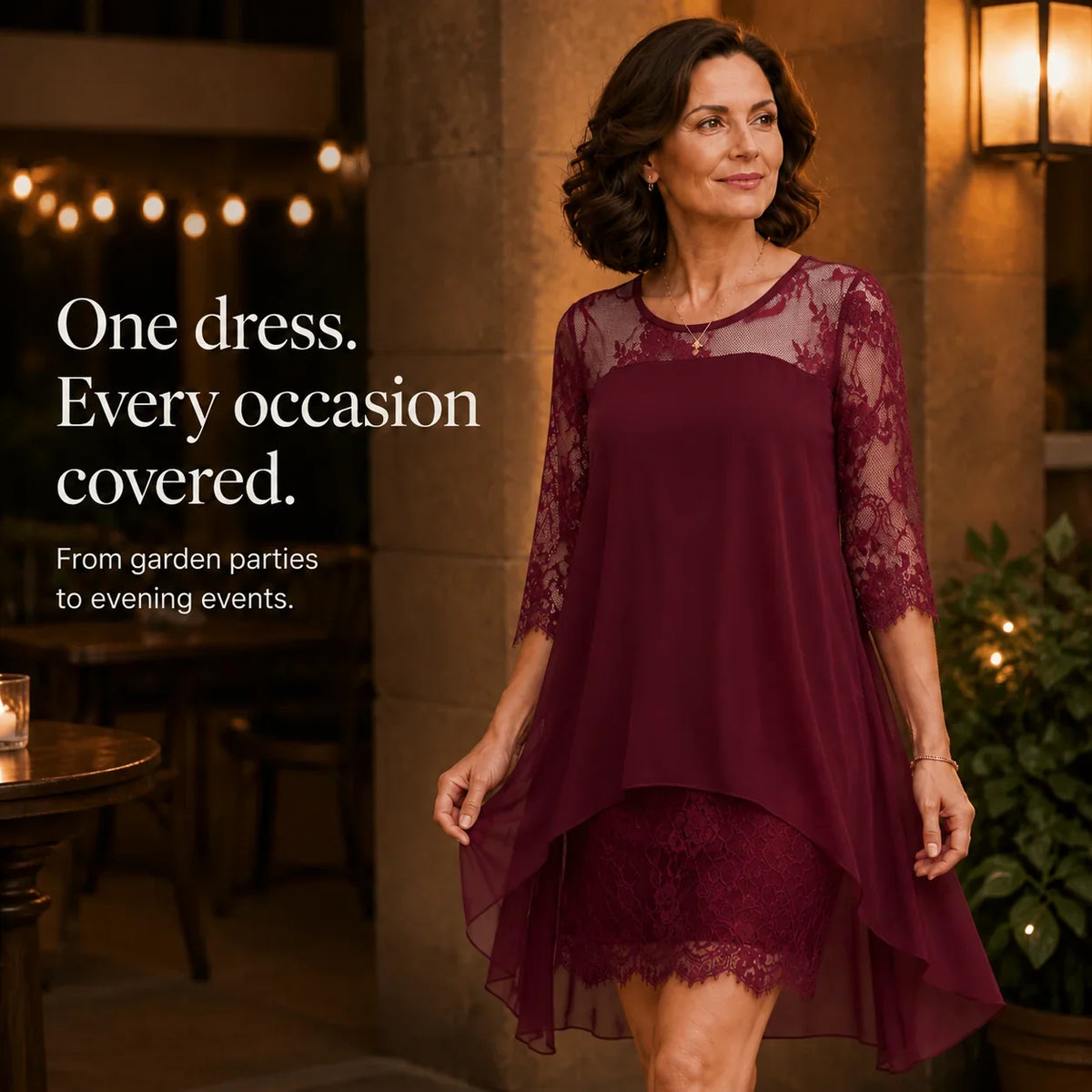 Midi Dress Women Lace Sheer Overlay Three Quarter Sleeve Layered