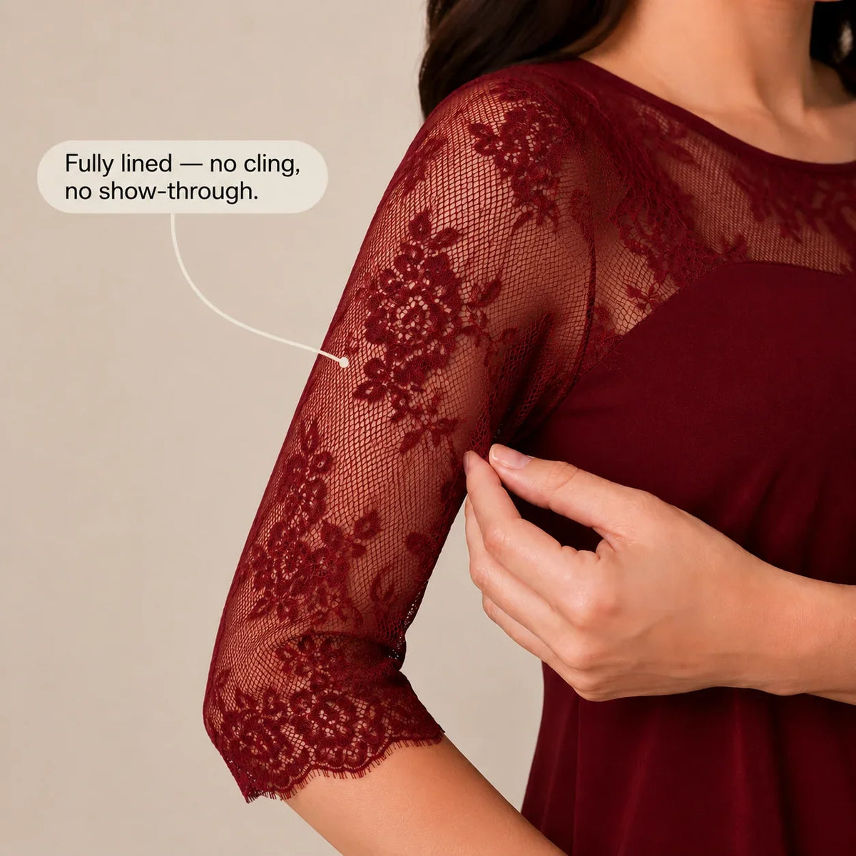 Midi Dress Women Lace Sheer Overlay Three Quarter Sleeve Layered