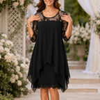 Midi Dress Women Lace Sheer Overlay Three Quarter Sleeve Layered