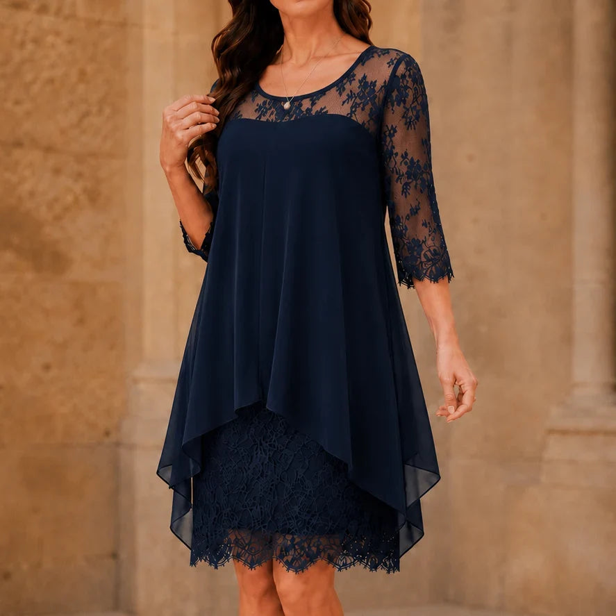 Midi Dress Women Lace Sheer Overlay Three Quarter Sleeve Layered