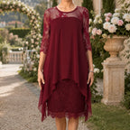 Midi Dress Women Lace Sheer Overlay Three Quarter Sleeve Layered