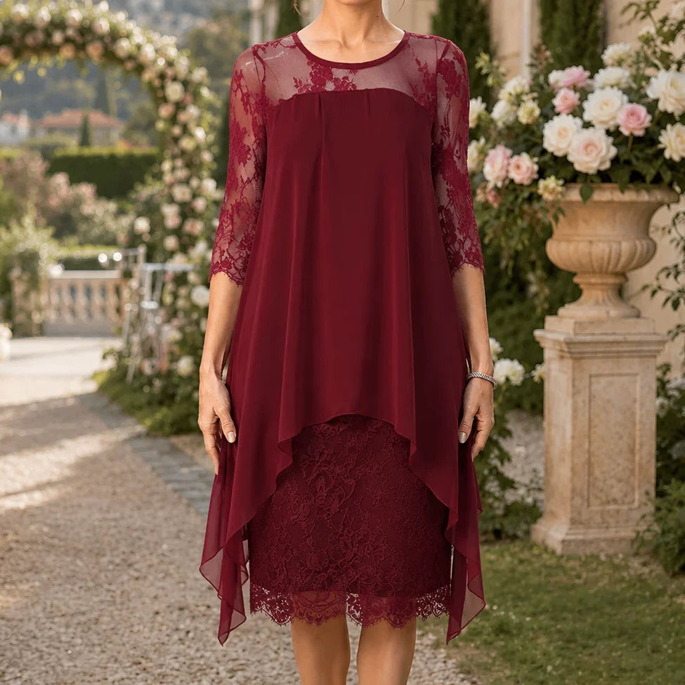 Midi Dress Women Lace Sheer Overlay Three Quarter Sleeve Layered