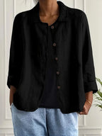 Linen Shirt Men Women Relaxed Fit Three Quarter Sleeve Button Front Top