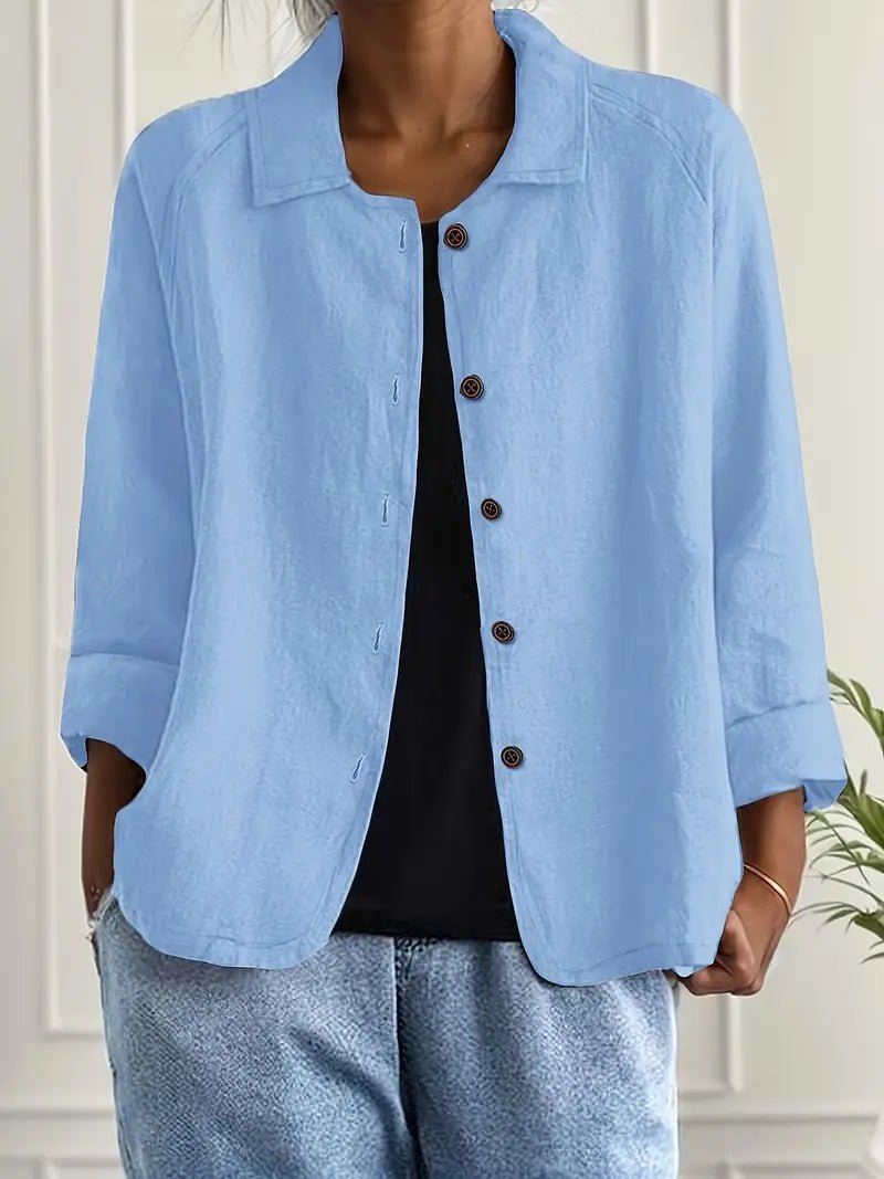 Linen Shirt Men Women Relaxed Fit Three Quarter Sleeve Button Front Top