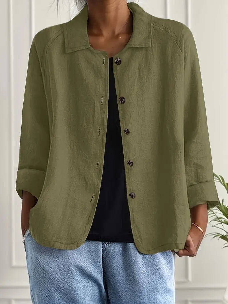 Linen Shirt Men Women Relaxed Fit Three Quarter Sleeve Button Front Top