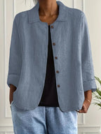 Linen Shirt Men Women Relaxed Fit Three Quarter Sleeve Button Front Top