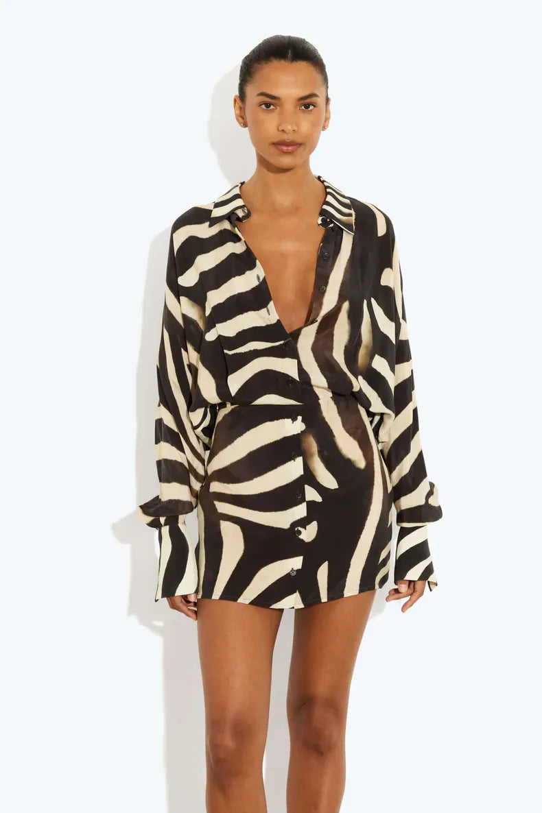 Womens Shirt Dress | Mini Zebra Print Button Long Sleeve Collared