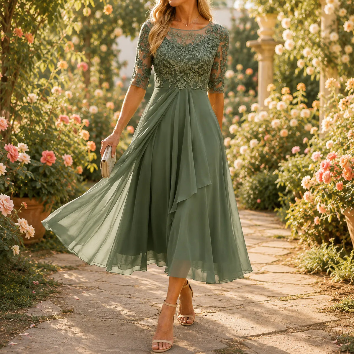 Cocktail Dress Women Midi Lace Embroidered Chiffon Elbow Sleeve