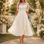 Cocktail Dress Women Midi Lace Embroidered Chiffon Elbow Sleeve