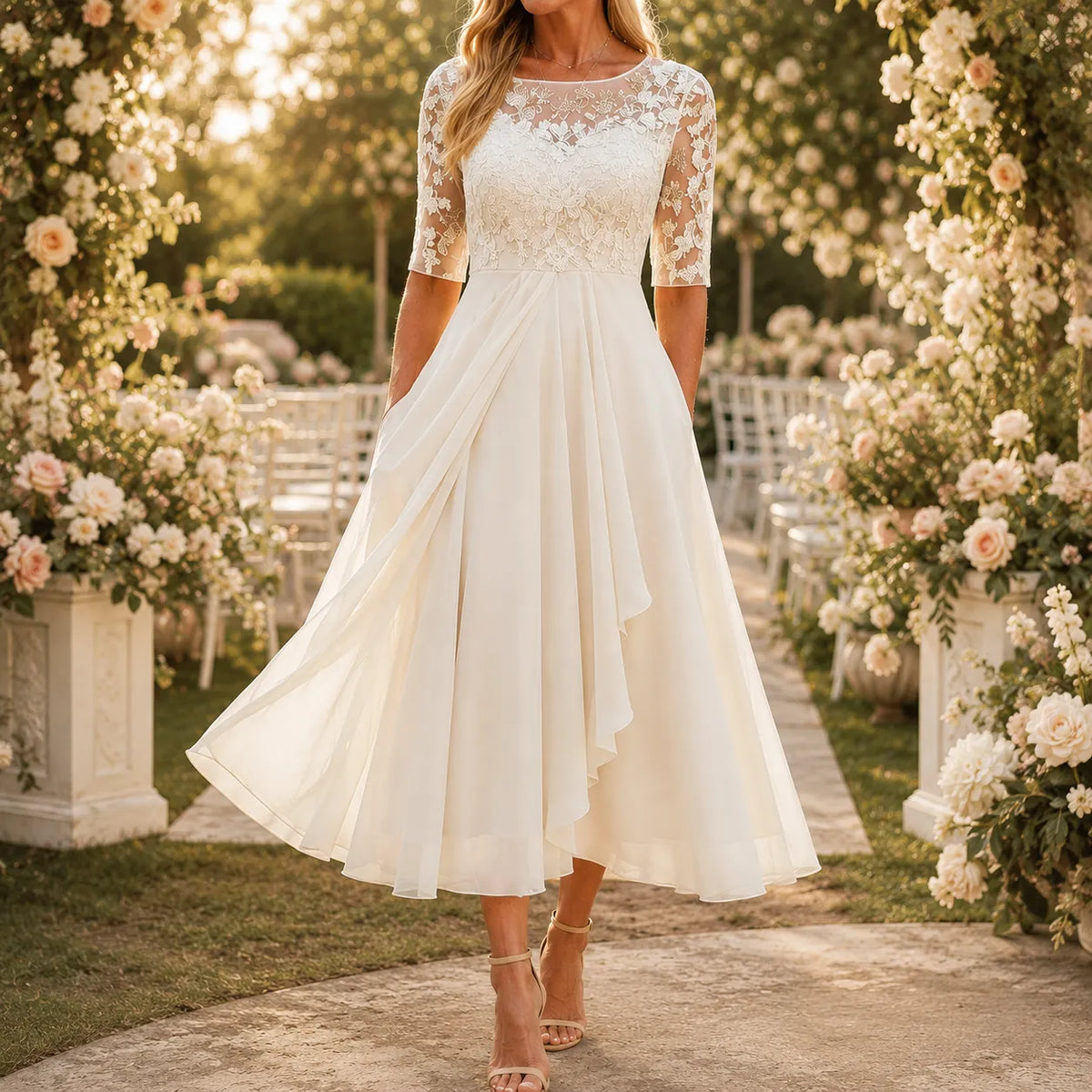 Cocktail Dress Women Midi Lace Embroidered Chiffon Elbow Sleeve
