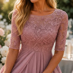 Cocktail Dress Women Midi Lace Embroidered Chiffon Elbow Sleeve