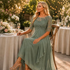 Cocktail Dress Women Midi Lace Embroidered Chiffon Elbow Sleeve