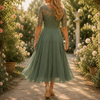 Cocktail Dress Women Midi Lace Embroidered Chiffon Elbow Sleeve