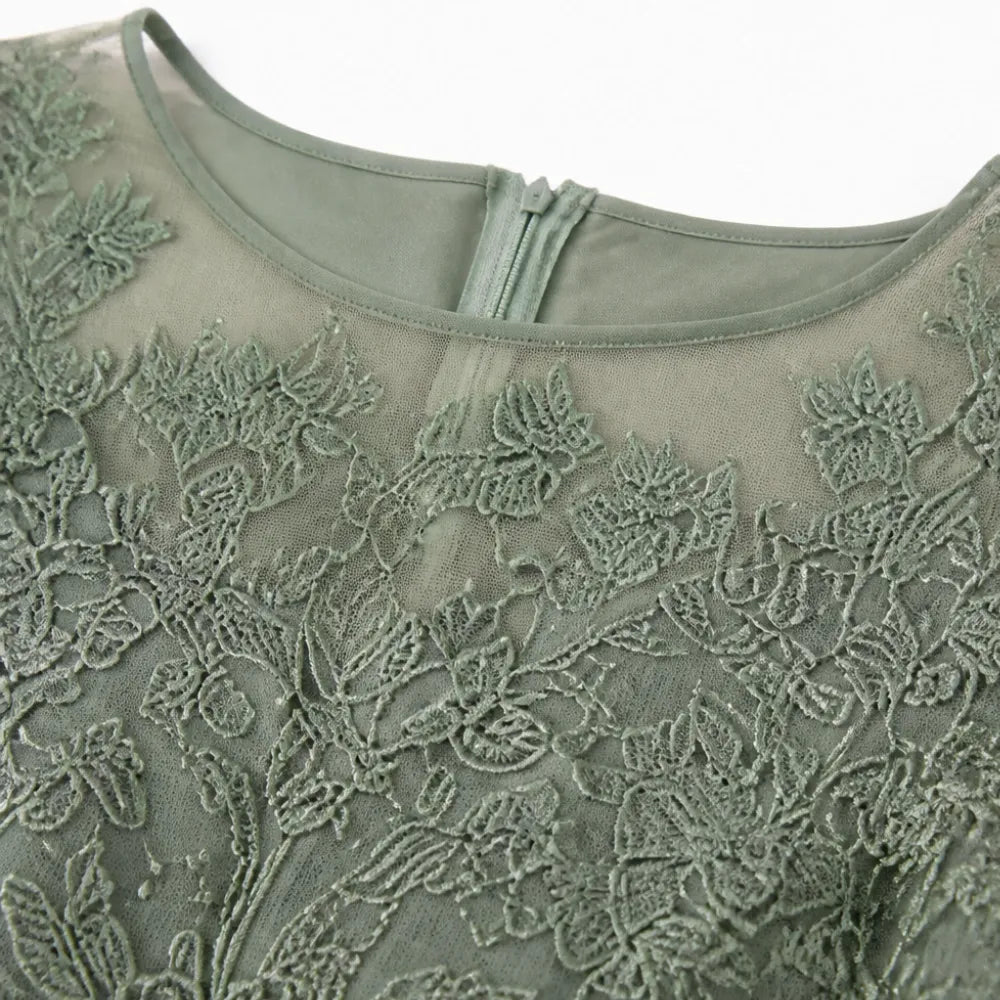 Cocktail Dress Women Midi Lace Embroidered Chiffon Elbow Sleeve