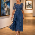 Cocktail Dress Women Midi Lace Embroidered Chiffon Elbow Sleeve