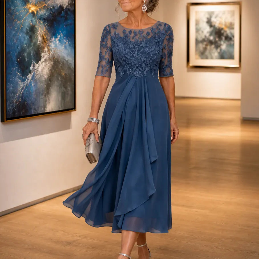 Cocktail Dress Women Midi Lace Embroidered Chiffon Elbow Sleeve