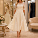 Cocktail Dress Women Midi Lace Embroidered Chiffon Elbow Sleeve
