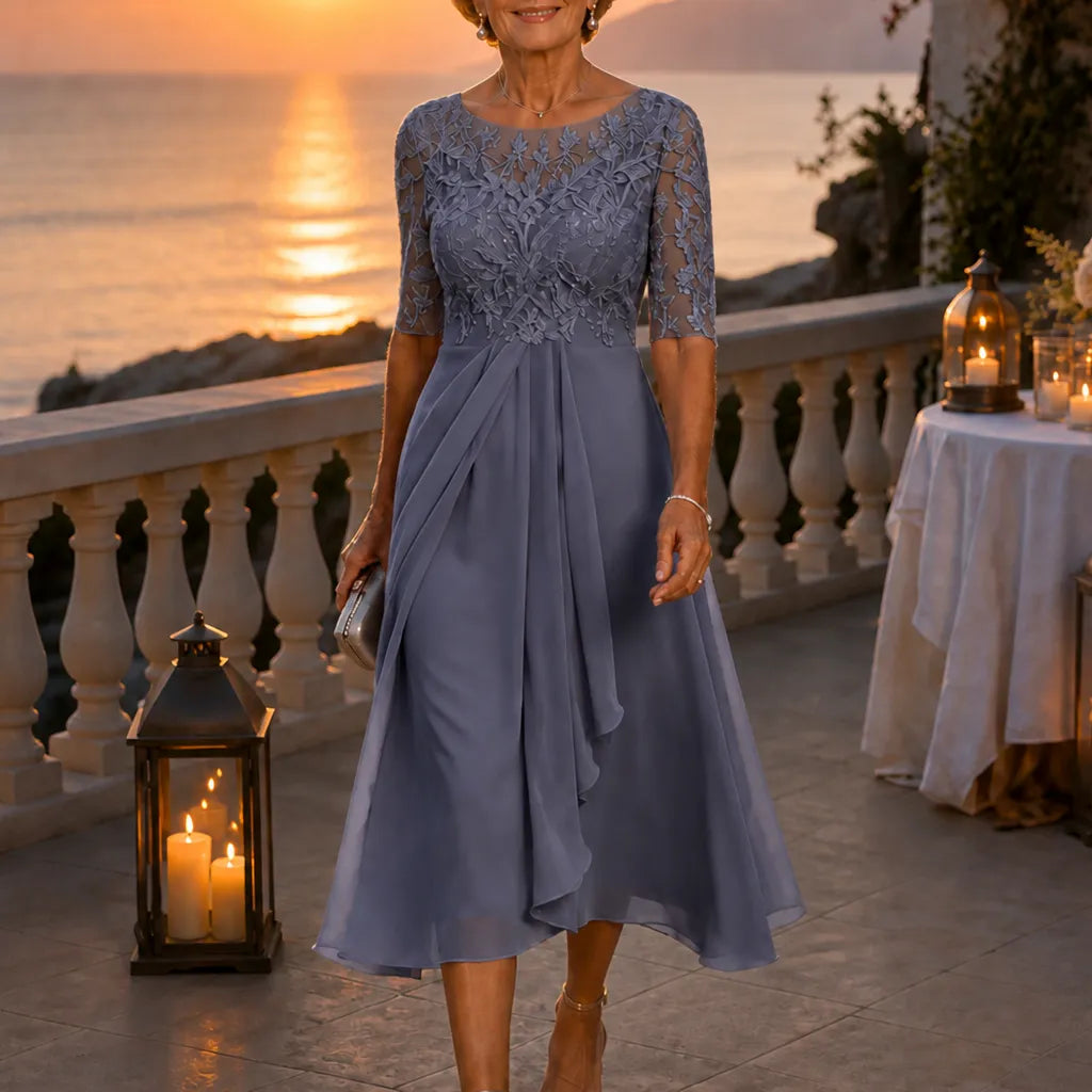 Cocktail Dress Women Midi Lace Embroidered Chiffon Elbow Sleeve
